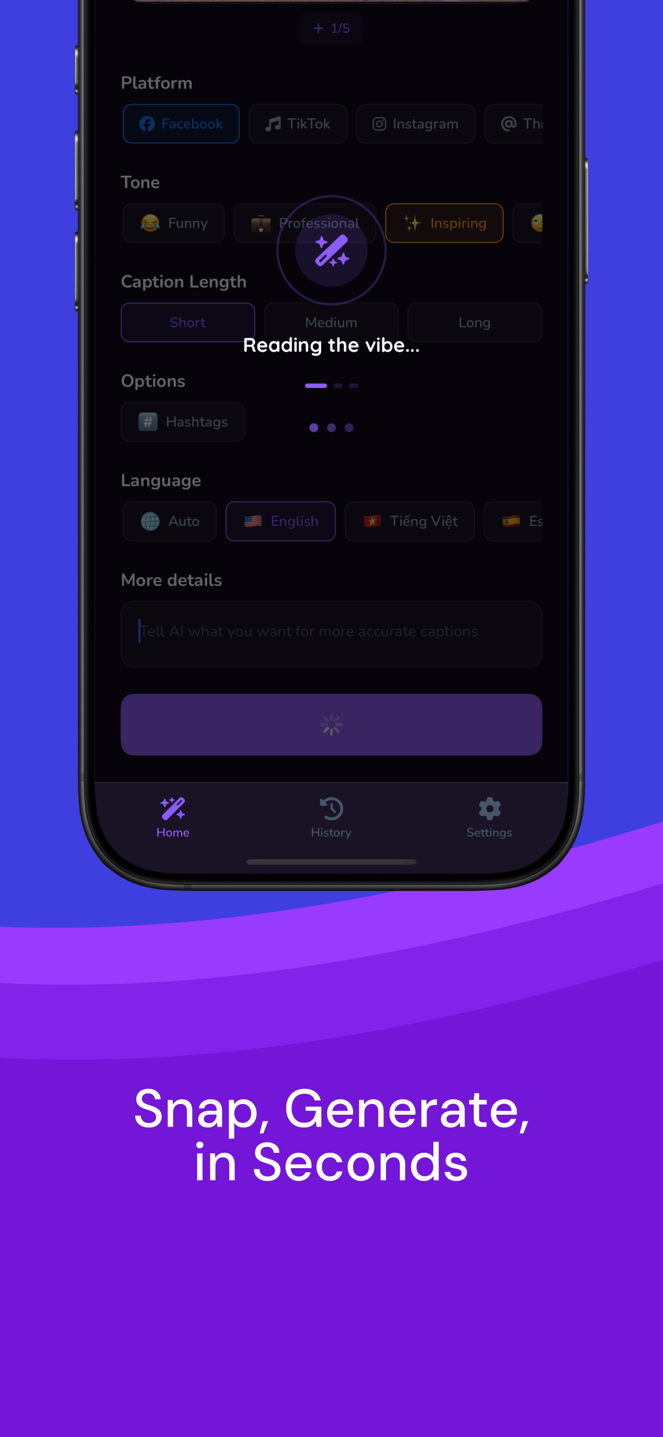 CapnAI platform selector for Instagram, TikTok, Facebook, X and Threads
